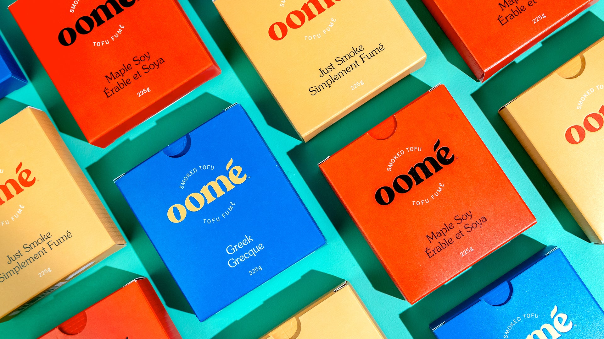 oome smoked tofu packaging top down in a grid format, greek, maple soy and just smoke flavours